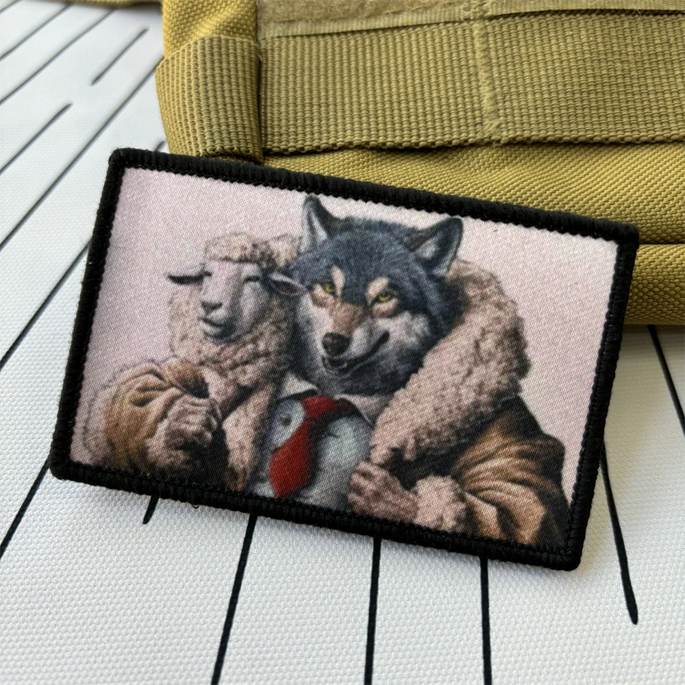 Wolf in Sheep’s Printing Patches Cartoon Armband Hook and Loop Patch on Clothes Military Morale Badge Tactical Backpack Stickers