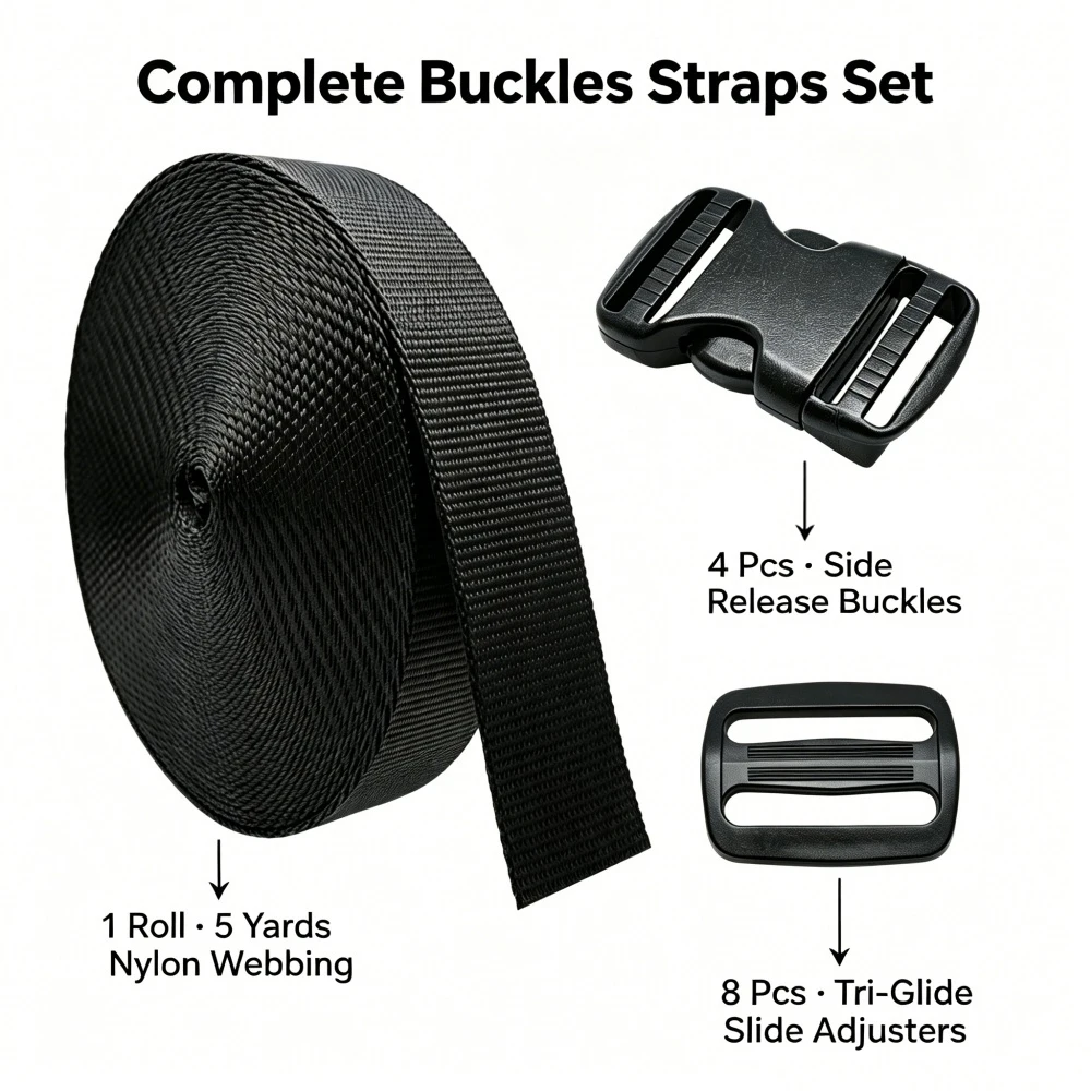 5 Yards Nylon-Gurtband, 4x Kunststoff-Seitenschnallen, 8x Tri-Glide-Schieber für DIY-Gepäckgurte und Rucksack-Schnallen – Detail 1