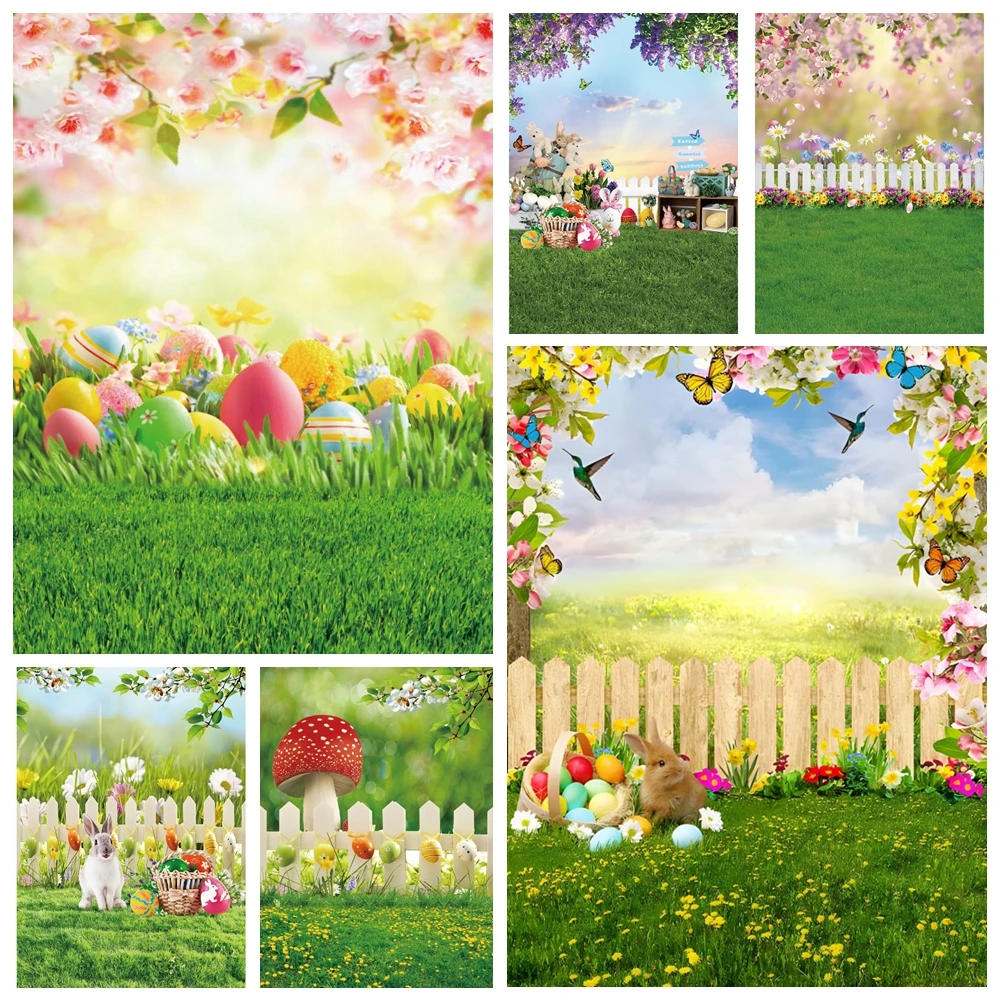 

Spring Scenery Backdrop for Photography Easter Green Grass Rabbit Egg Bunny Flower Baby Birthday Photo Background Studio Decor