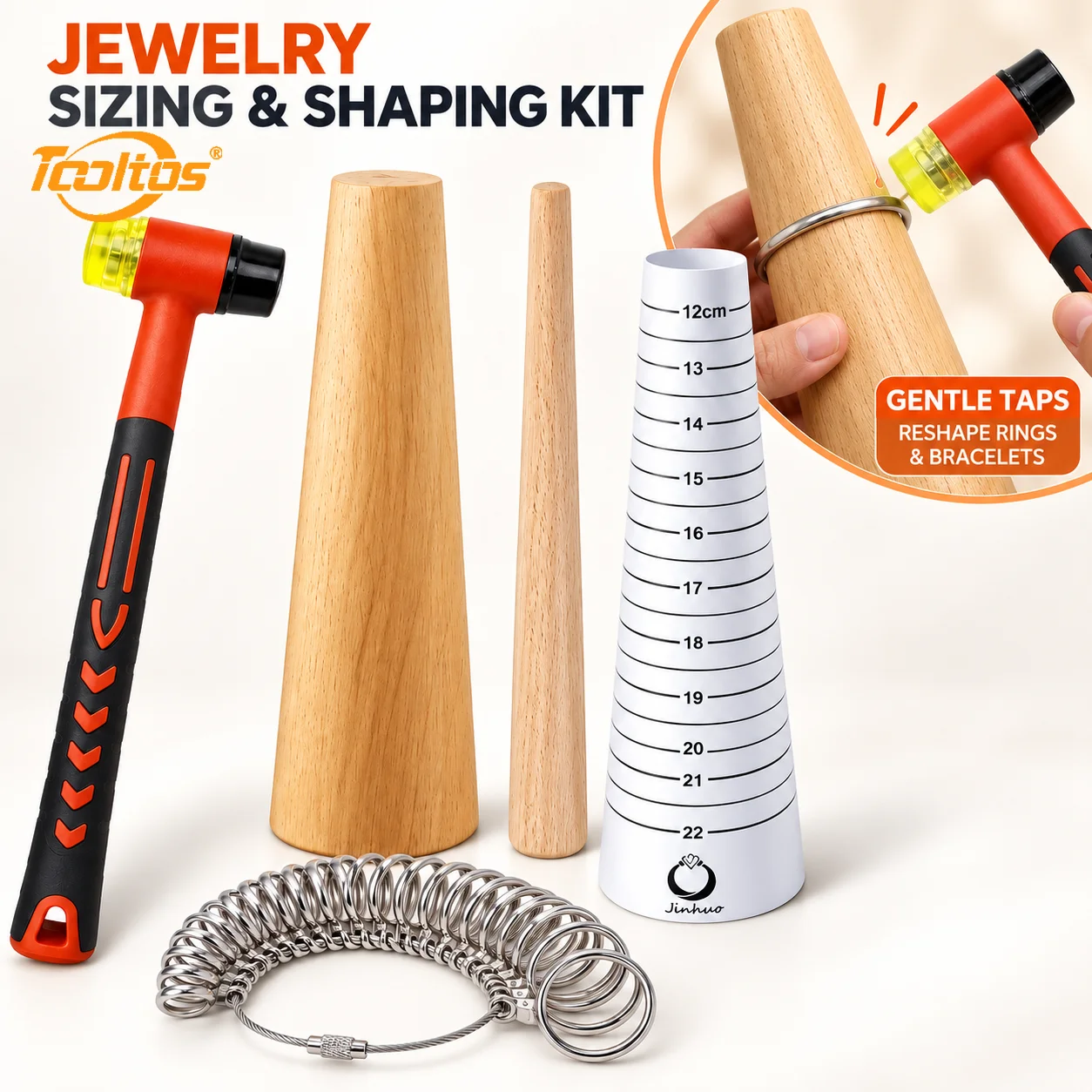 TOOLTOS 5PCS Ring Bracelet Sizing Shaping Repair Tool Kit US 0-13 Ring Gauge Rubber Hammer Wooden Mandrels 12-22cm Measuring Cone