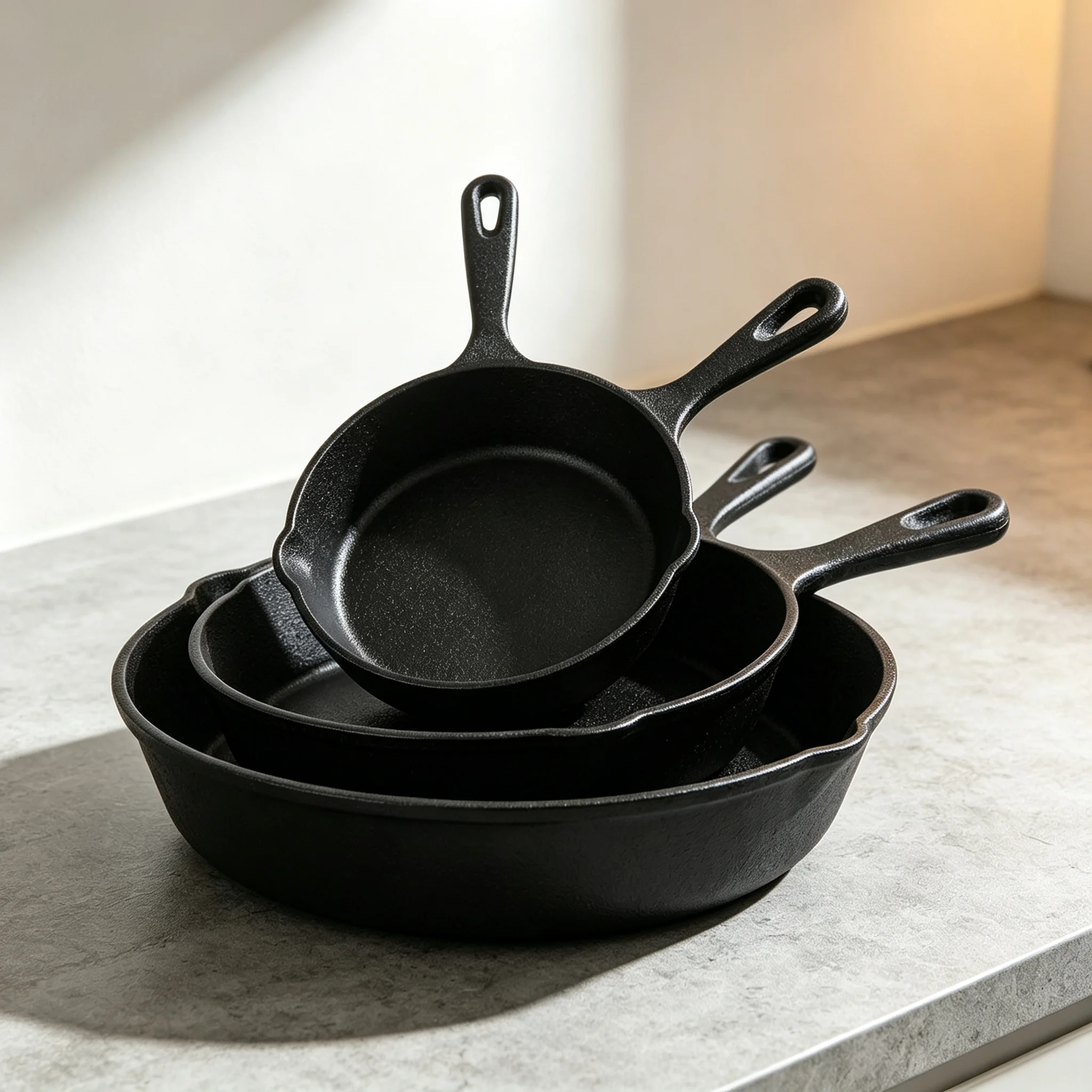 Heavy‑Duty Cast Iron Skillet 3‑Sizes Set, Uncoated Black Cooking Fry Pan with Pour Lip, Durable Kitchen Cookware for Steak Bacon Egg Home Cooking