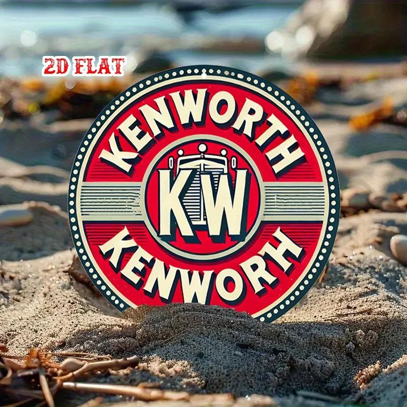 مسطح ثنائي الأبعاد، قطعة واحدة من علامة Kenworth KW المستديرة من الألومنيوم - لوحة فنية جدارية معدنية بشعار جريئة، ديكور ريفي على الطراز الكلاسيكي للمنزل، المرآب،