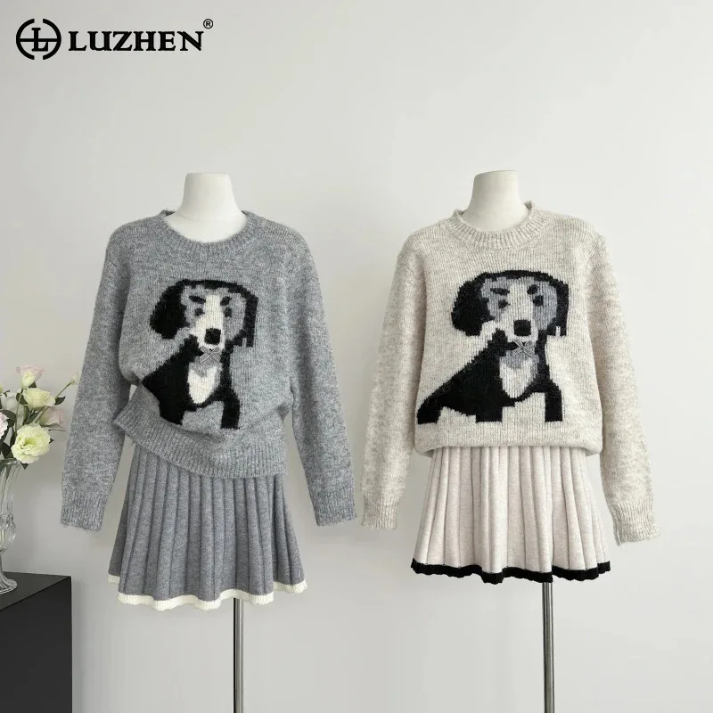 LUZHEN 2024 New Fashion Cute Dog Pattern Sweet Style Loose Knitted Pullover Women Stylish Round Neck Casual Sweater Tops AA2516