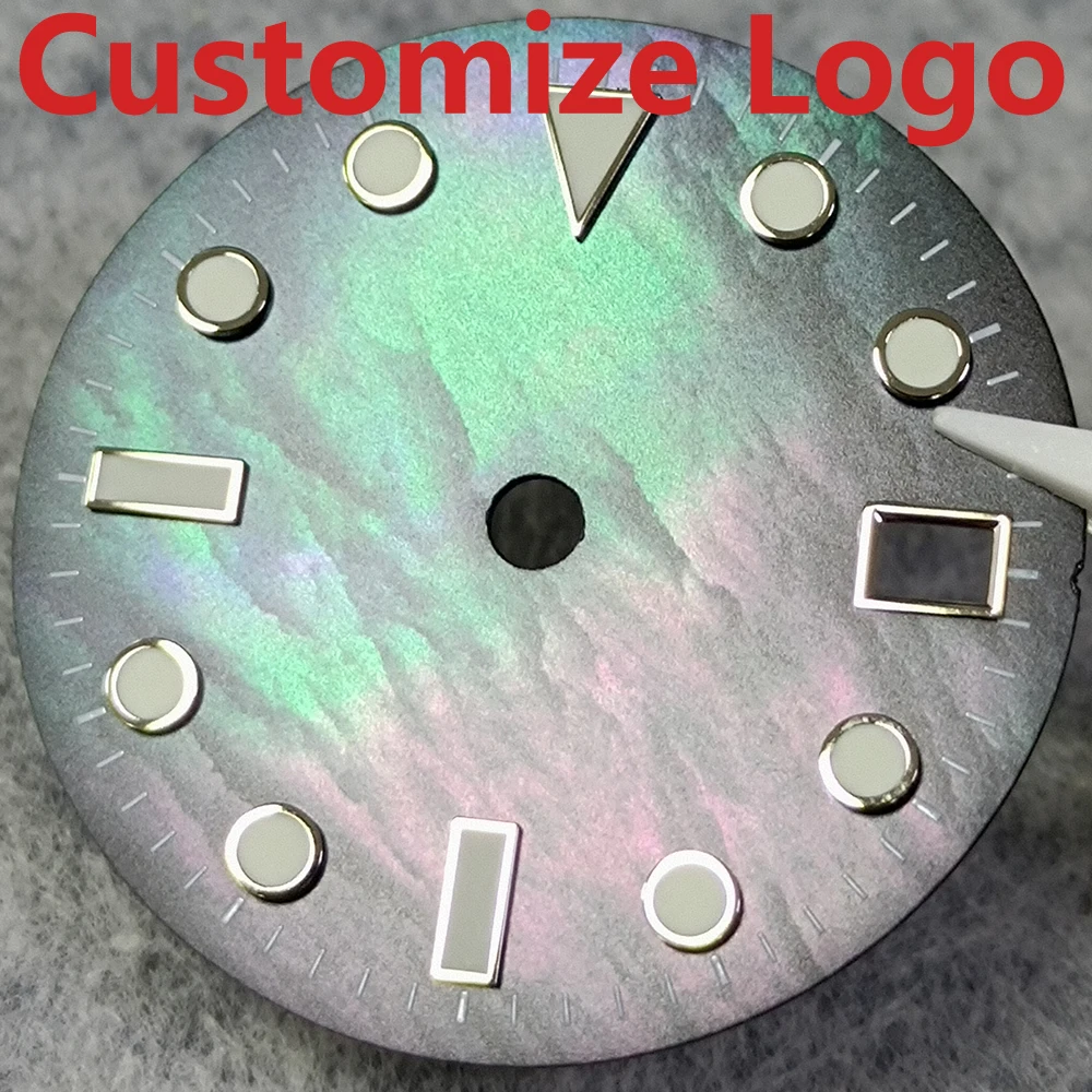 29mm Custom Logo Shell Dial Compatible with NH35 Movement Luminous Green Leaf  and Single Calendar Window