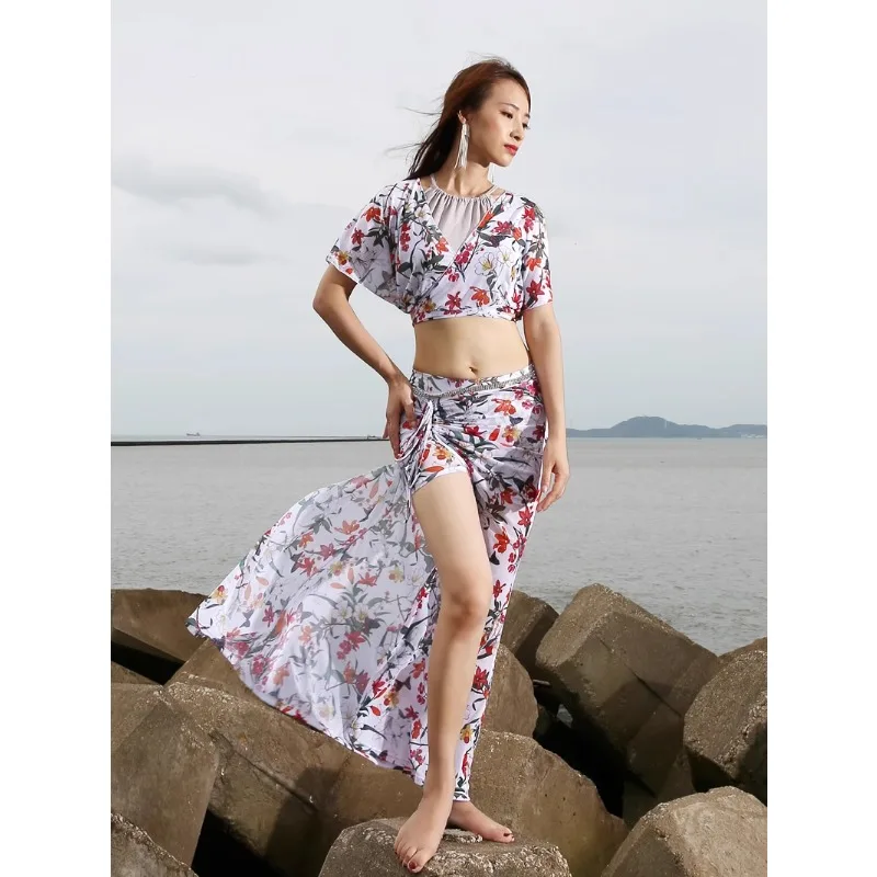 Customized Belly Dance Costume Practice Dress Sexy Water Yarn Fabric Performance Dress Female Adult Set Top Long Skirt vest 3Pcs