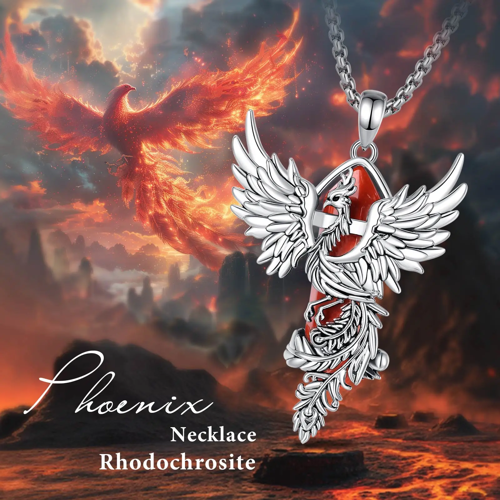 Eudora Phoenix Twining Hexagonal Prismatic Redstone Necklace Punk Healing Stone Pendant Personality Jewelry for Women Man Gift