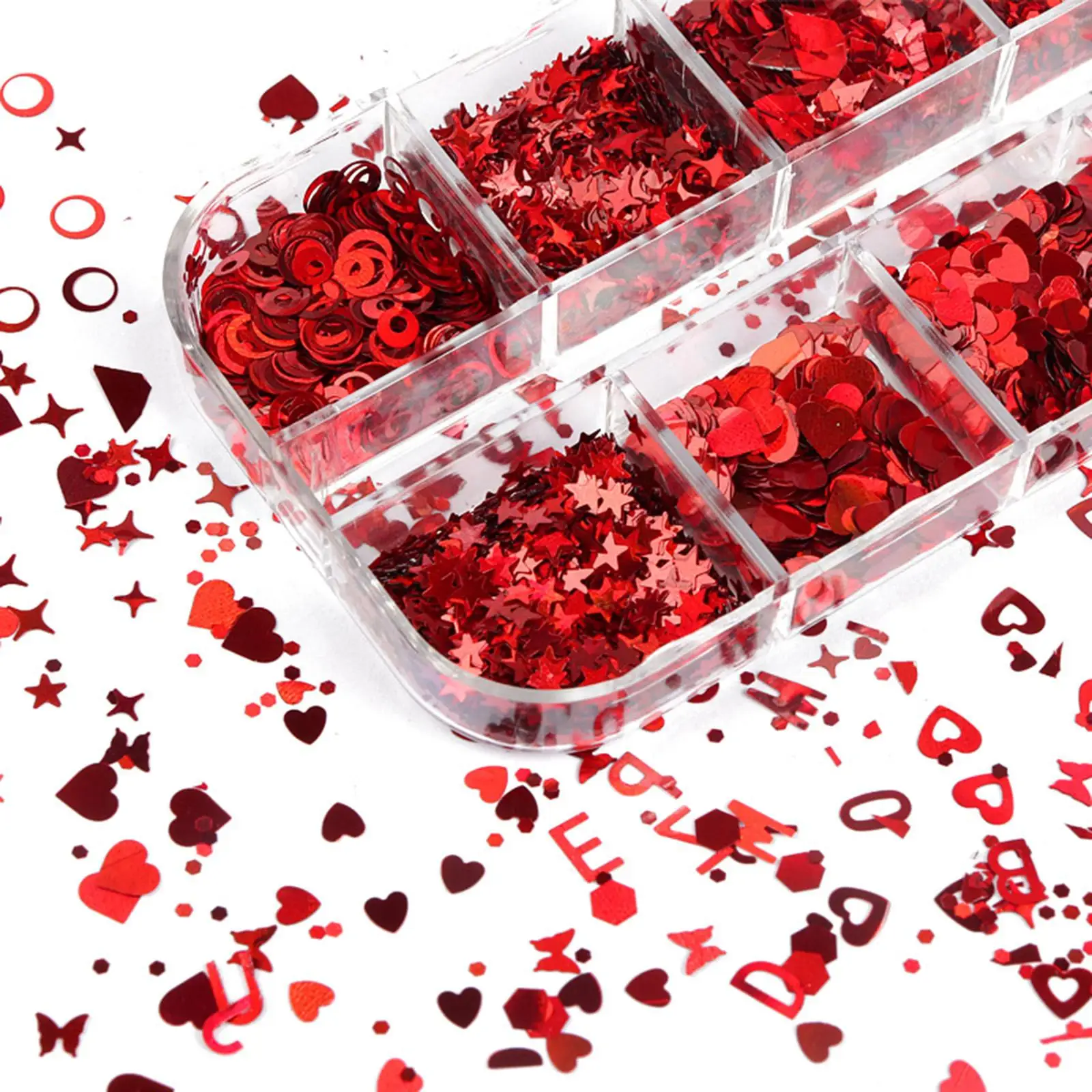 Valentines Nail Glitter Sequins 12 Grids Paillettes Sparkly Red Nail Decals Love Nail Art Stickers for Phone Cases Craftwork