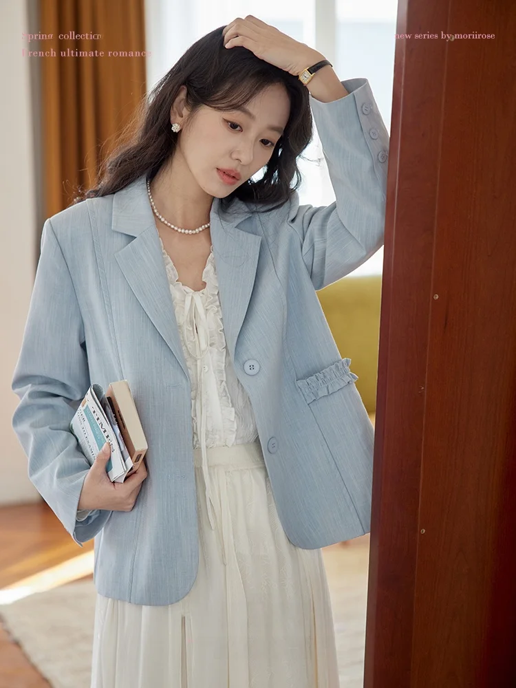 

Женский осенний винтажный пиджак Moriirose синего цвета свободного кроя с длинными рукавами для делового и повседневного стиля