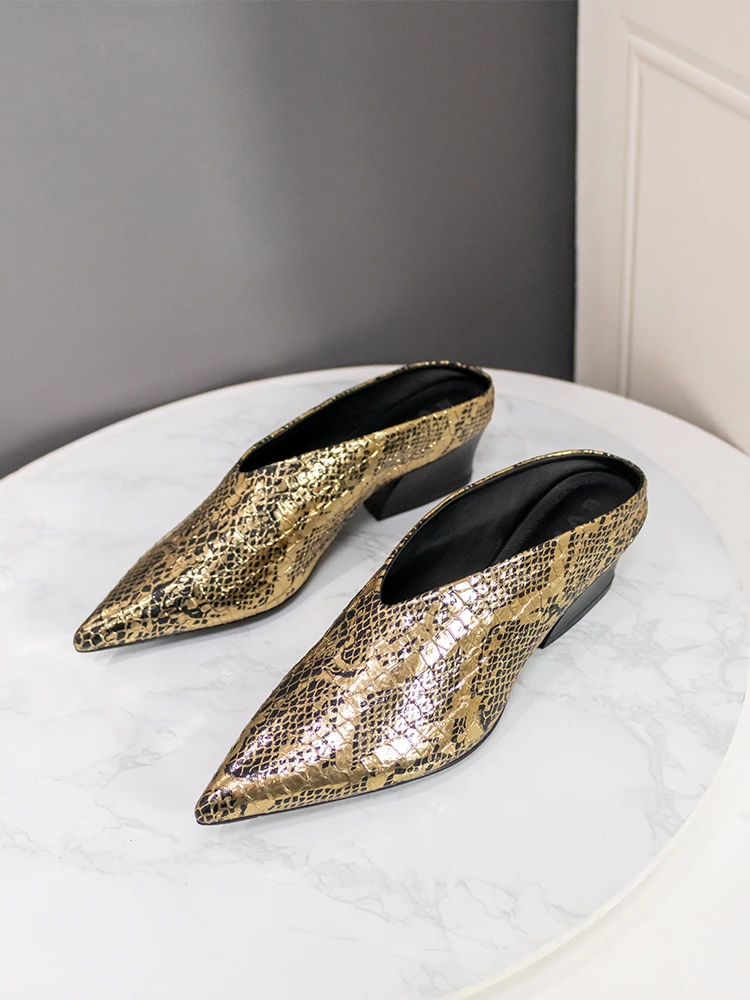 Pointed Toe Chunky Heel Semi Slip-On Women's Mules Hollow out Design Summer Outdoor Wear Sheepskin Lined European Style Sandals