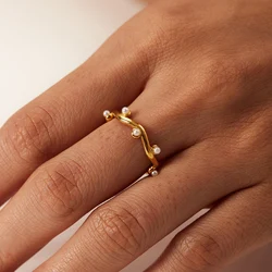 18K Gold Plated Stainless Steel Irregular Water Wave White Pearl Leaf Branch Stacking Rings Texture Trendy Jewelry Bijoux