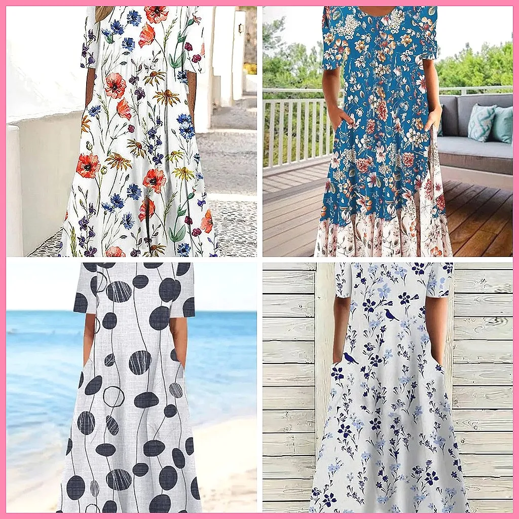 

Summer Women's Casual Midi Dress with Pocket, Short Sleeve Floral Print Tie-Front Elegant Dress (Characters: 78)