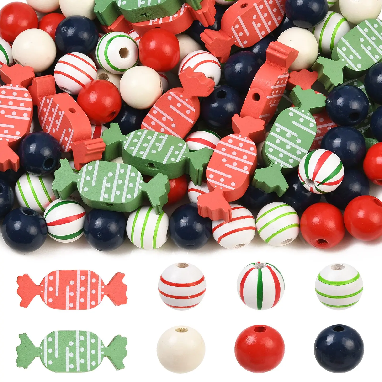 PandaHall 100pcs Random  Christmas Spray Painted Wood Bead Sets, 16mm for DIY Jewelry,Christmas  Holiday Ornament Crafts