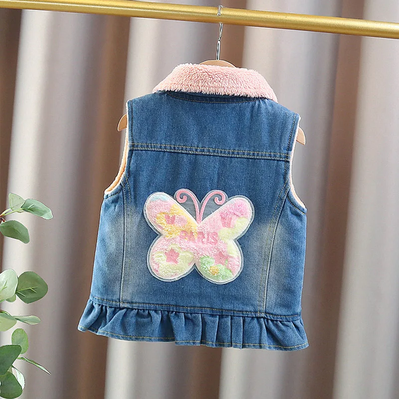Cute Baby Girl Winter Warm Thermal Denim Vest with Butterfly Elegant Toddler Child Thick Sleeveless Jacket Kids Velvet Waistcoat