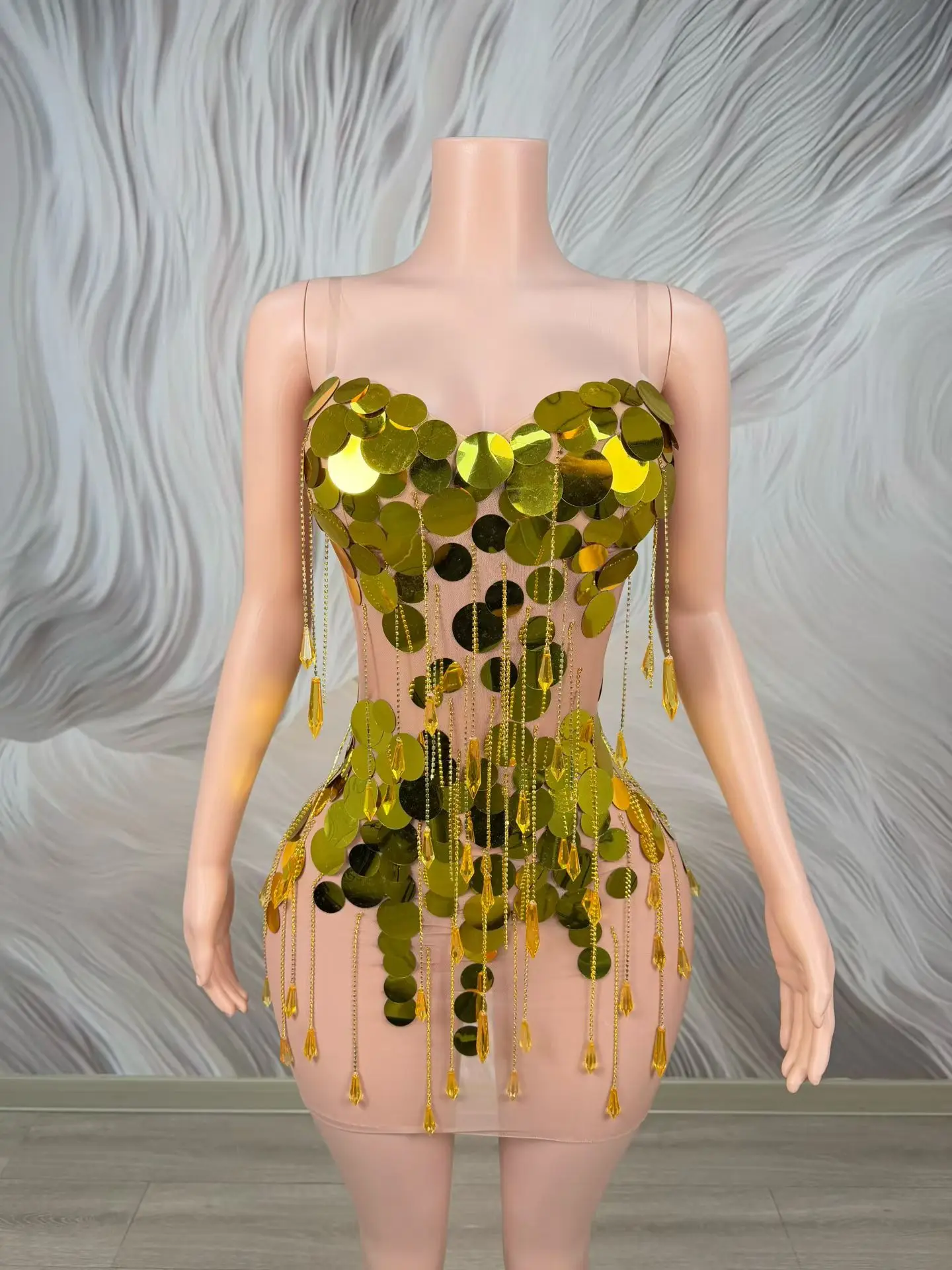 Jinpai Nude Mesh Gold Sequin Tassel Strapless Mini Dress Formal Evening Birthday Party Nightclub Outfit for Women