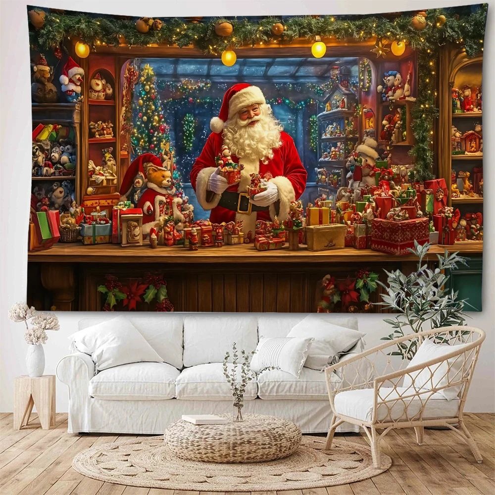 Santa Claus Gift Making Workshop Christmas Window Christmas Fireplace Background Decoration Tapestry Home Decoration