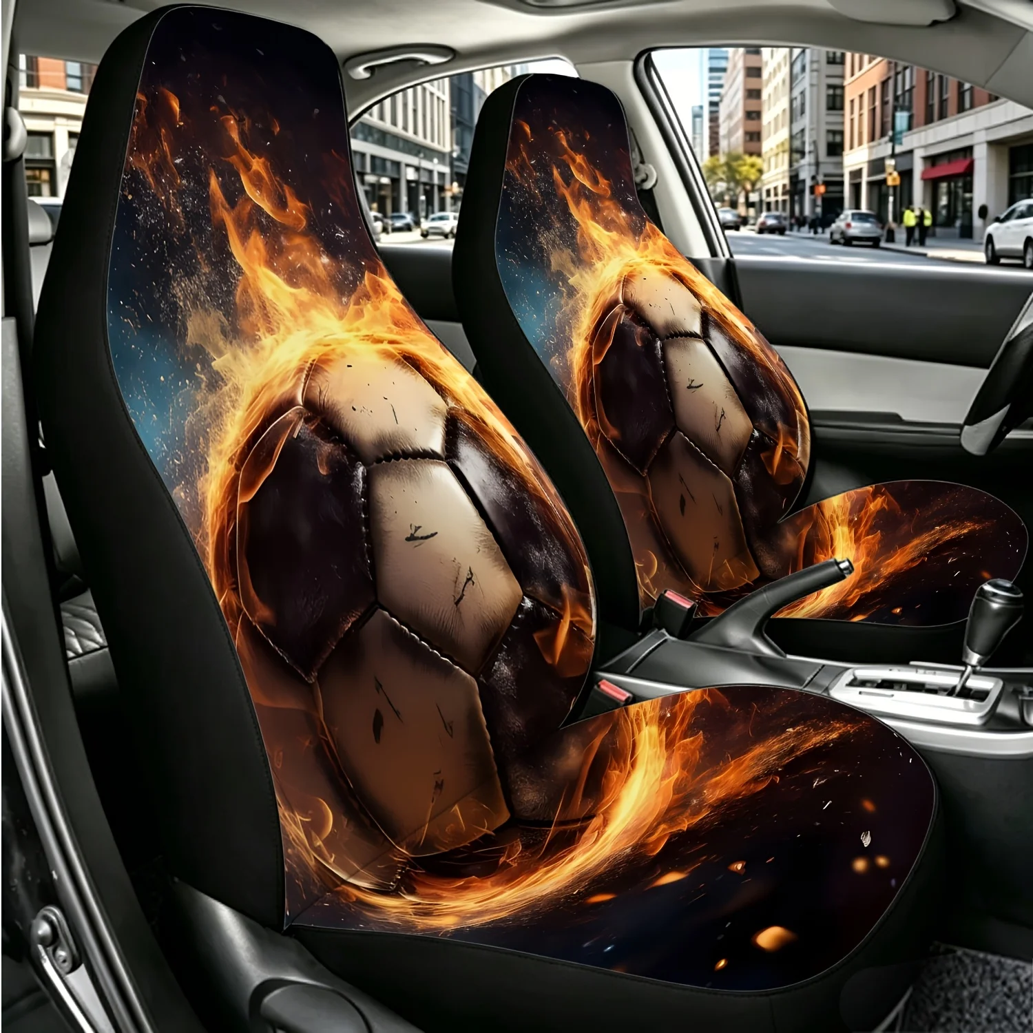 2pcs Flame Surround Retro Soccer Dynamic Design Car Seat Covers, Universal Size For SUV, Truck, Sedan, Digital Print Comfortable