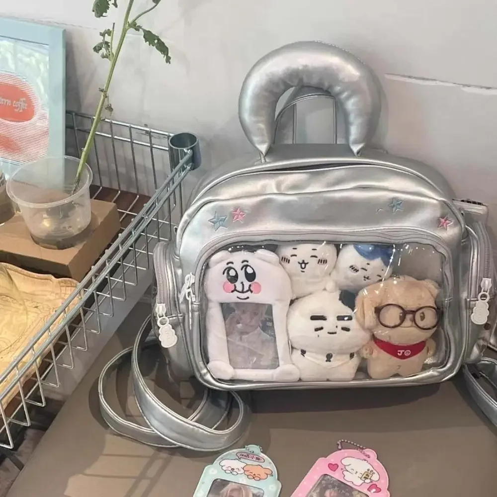 旅行用の面白いジッパーバッグ、青い市松模様のitabag、二重目的、pu透明ポケット、綿人形バッグ、バッジ収納、旅行用のファッショナブルなバックパック