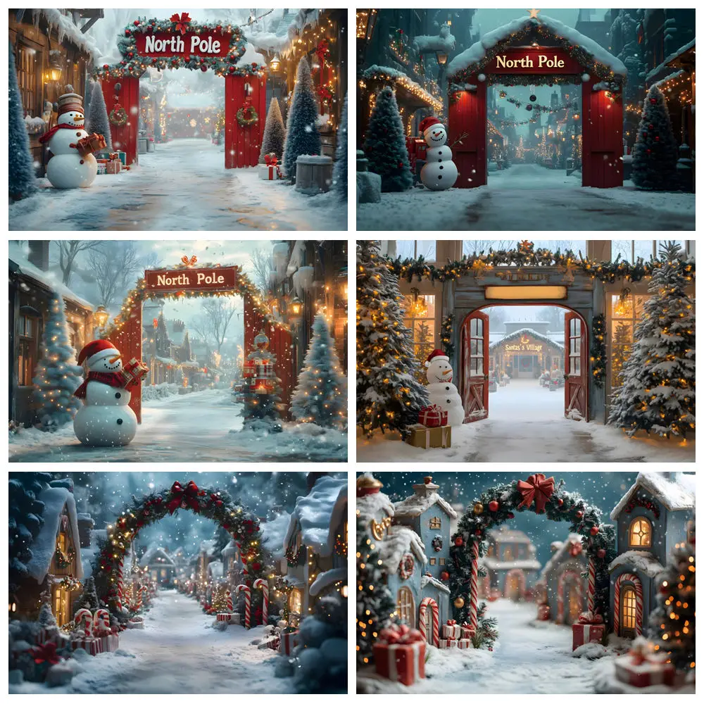 

Winter Christmas Backdrops Photography North Pole Town Xmas Tree Snowman Kids Family Christmas Photocall Background Photo Studio