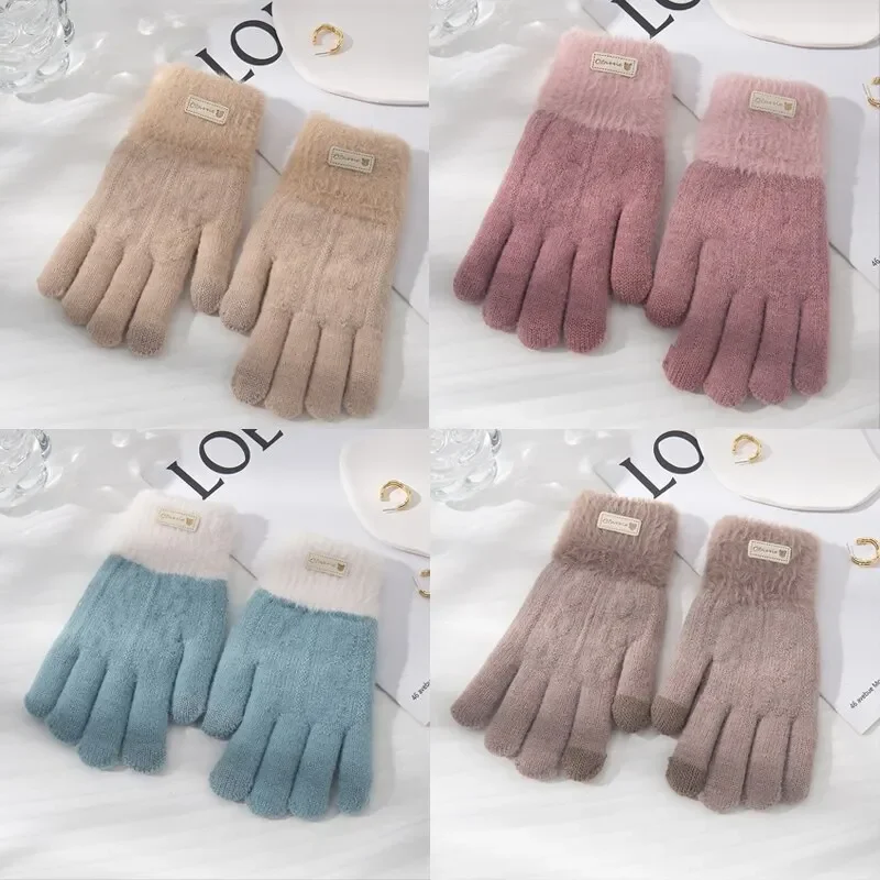 Womens Winter Warm Knitted Gloves Plush Knitted Autumn and Winter Warm Double Layer Thick Gloves Touch Screen Ski Gloves