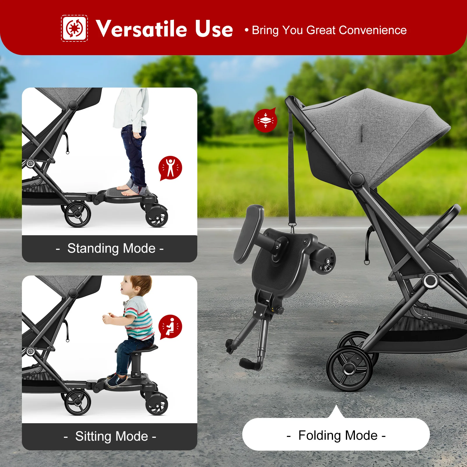 

Pram Pedal Adapter w/ Detachable Seat, Comfort Wheeled Board Stroller Ride Board w/ Wheels Stroller Board