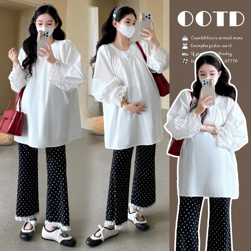 

2025 Korean Style Pregnancy Outfit Autumn Lace Trim White Shirt with Polka Dot Pants Chic Maternity Two Piece Set Elegant