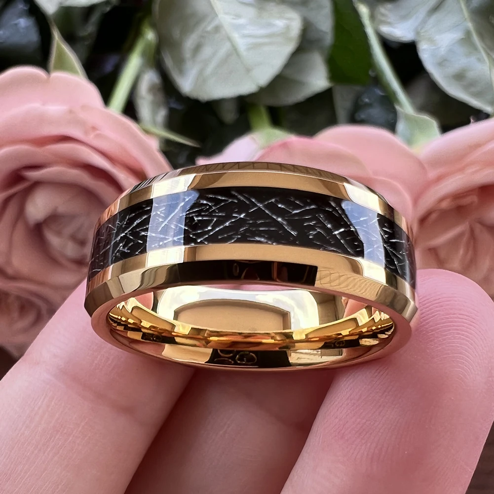 8mm Wholesale Meteorite Inlay Tungsten Ring Men Women Fashion Engagement Wedding Band Beveled Polished Shiny Jewelry – Detail 6