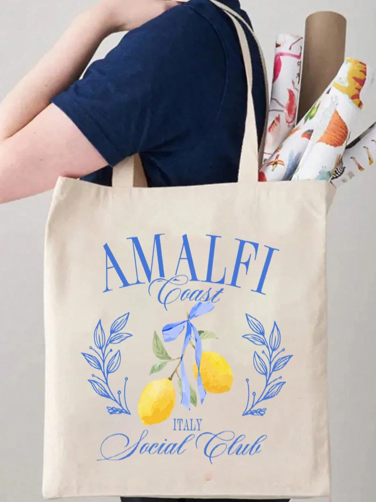 1pc Lemons Pattern Tote Bag Casual Canvas Shoulder Bag Portable Handbag for School Travel Shopping Bags for Women