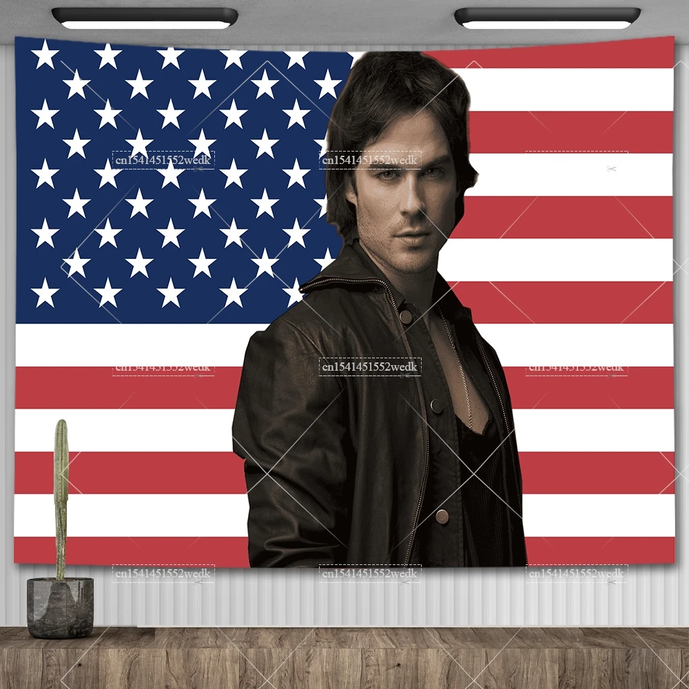 Ian Somerhalder American Flag Vampire Diaries Poster Damon Salvatorea Tapestrys Aesthetic Bedroom Decoration Party Banners