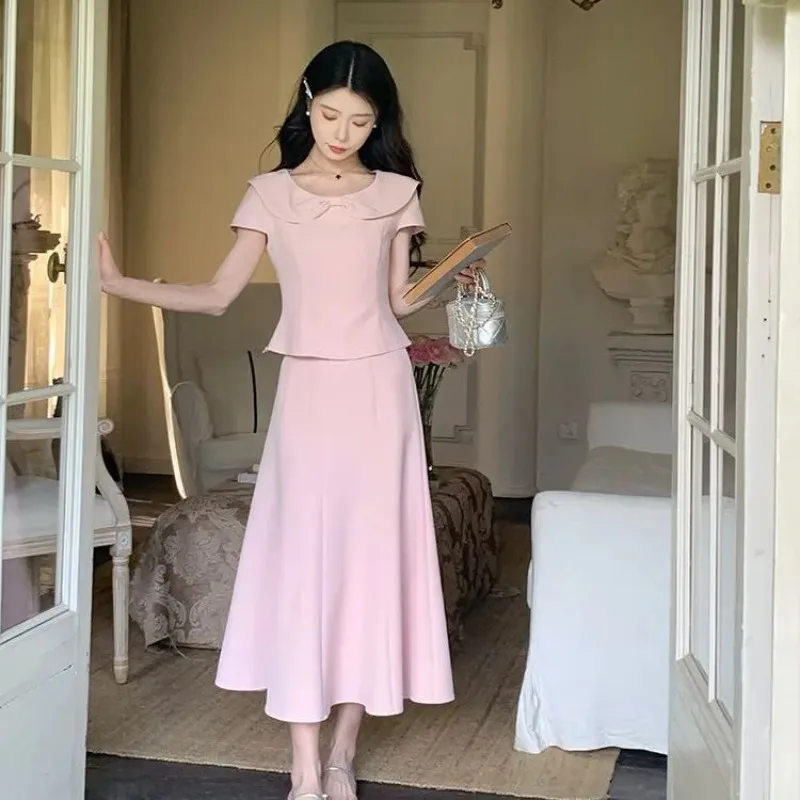

Women's Pink Two Piece Set Ruffle Collar Short Sleeve Top High Waist Flared Midi Skirt Elegant Casual Outfit