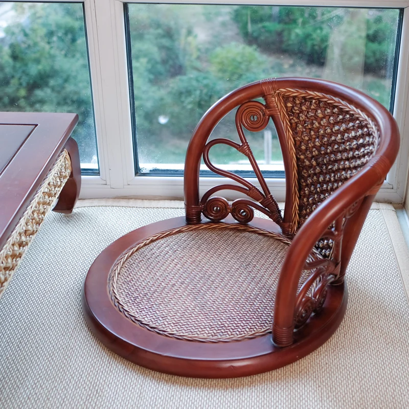Japanese Rattan Tatami Lazy Chair Bedroom Solid Wood Bay Window Floor Seat Legless with Backrest Living Room Chair Furniture