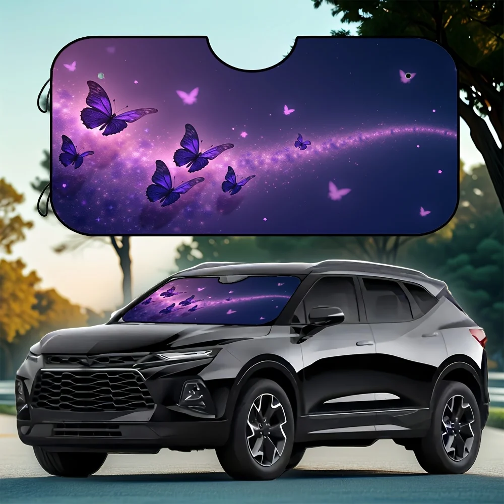 

1 шт., солнцезащитный козырек на лобовое стекло автофургона с фиолетовыми бабочками, УФ-блокировкой и складным дизайном, включает 4 присоски