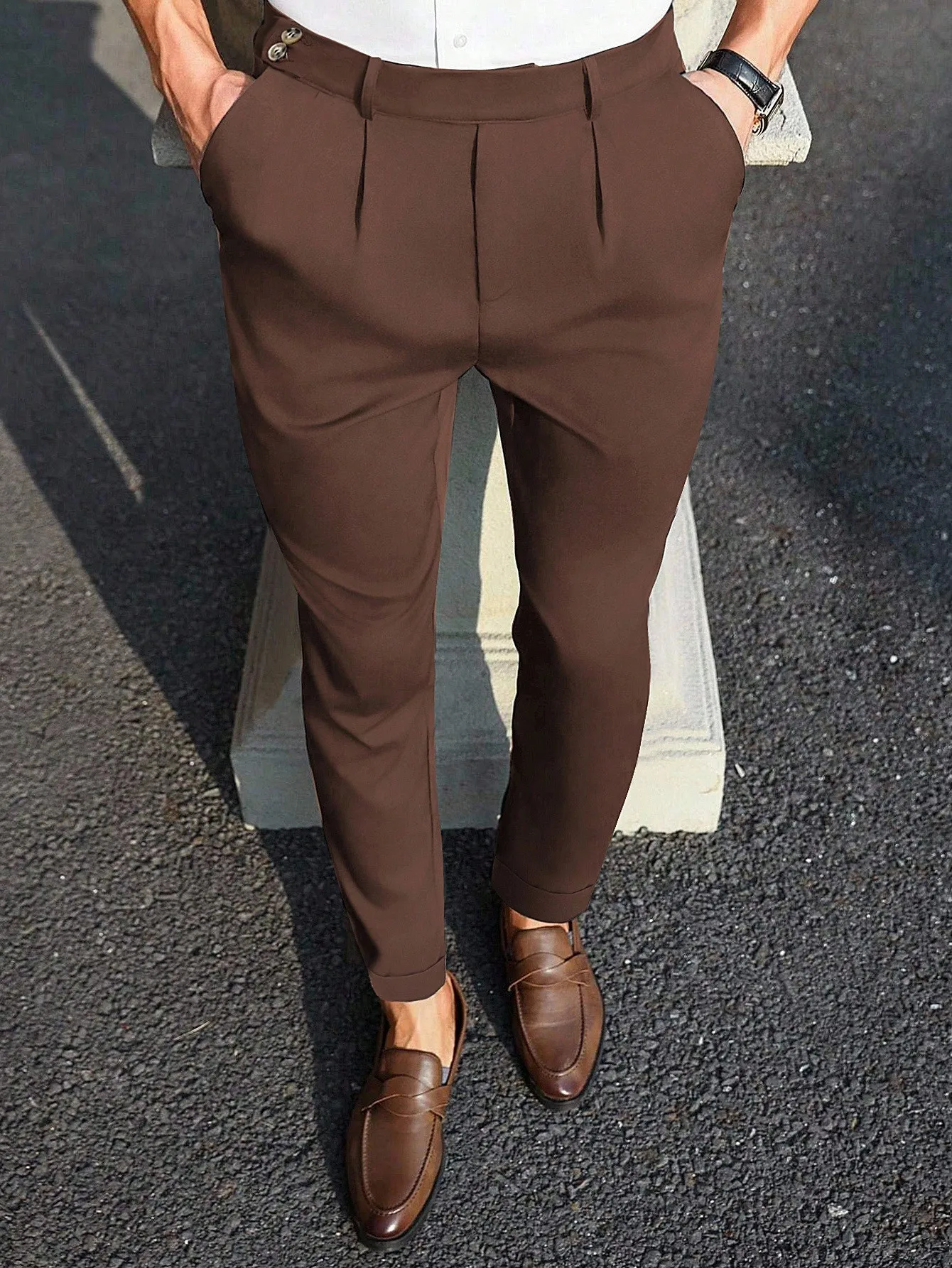 

Men's Solid Brown Tapered Fit Business Casual Pants with Pleats