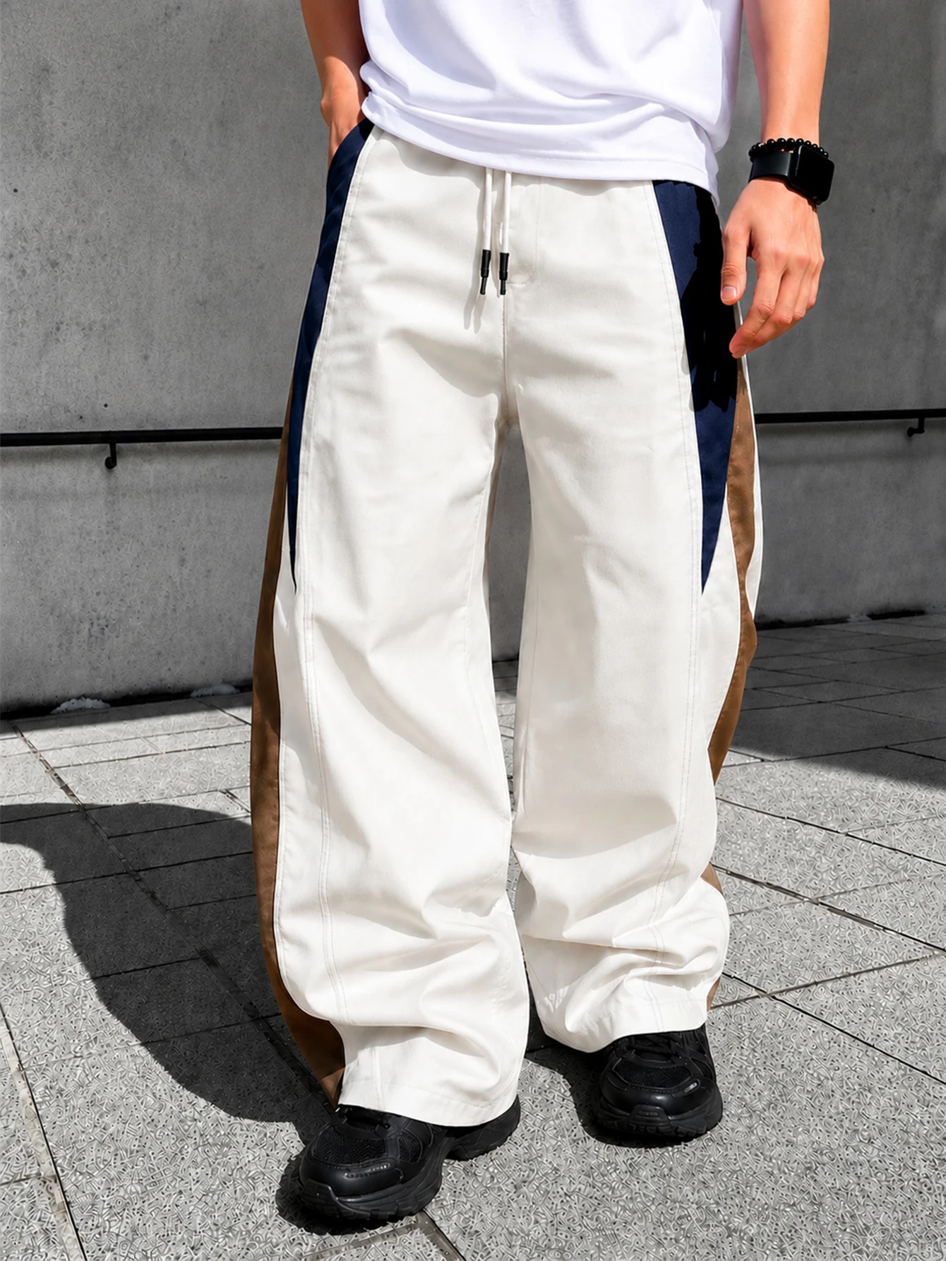Men's Street Style Jogger Pants - splicing design, Pockets And Drawstring Waist, Contrast Color Casual Sweatpants，Stylish patchw