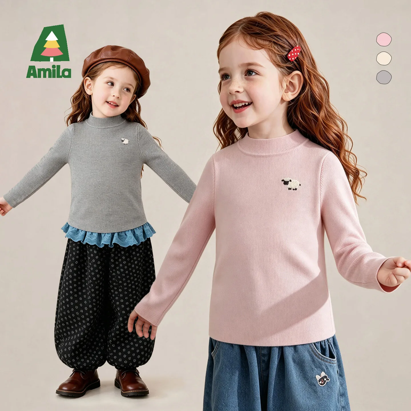 Amila 2026 Autumn New Kids Crew Neck Sweater Solid Pure Merino Wool Versatile Casual Warm Soft Cozy Daily Knitted Top