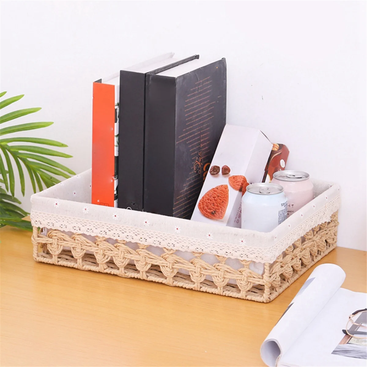 F-3C Rattan Storage Baskets Woven Basket Fruit Bread Snack Storage Tray Picnic Basket,Khaki