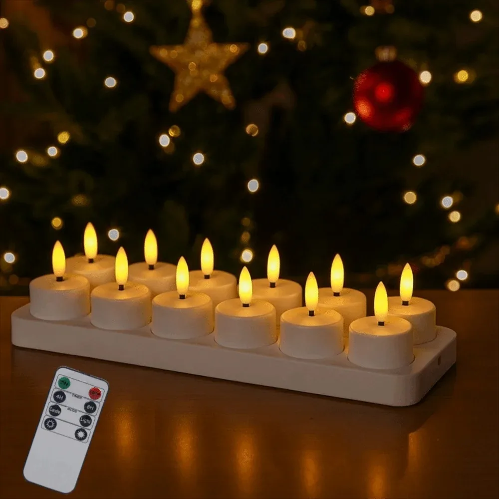 4/6/8/12PCS LED Candle Light Remote Control Christmas Rechargeable Warm Yellow Electronic Candle Flameless Tea Light Decoration