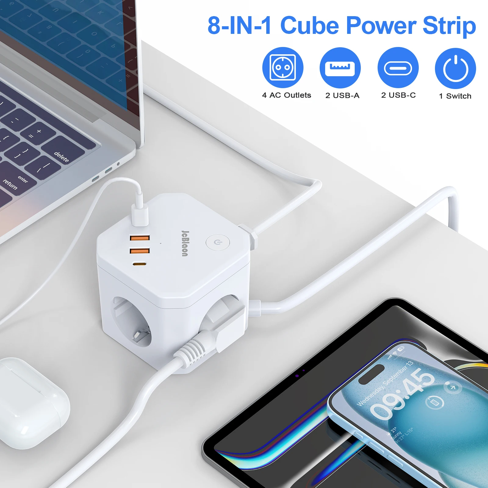 8-In-1 EU Power Strip (3680 W/16 A) with USB, 4 AC EU Sockets And 4 USB(2 USB-C) With 1.5-Meter Cable, Surge Protection for Home