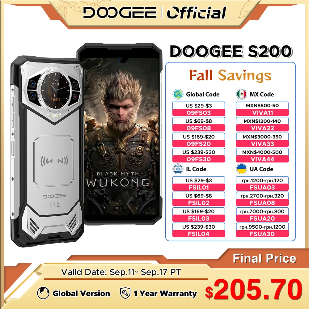 DOOGEE S200 Wytrzymały telefon 5G Dimensity 7050 Octa Core 1,32 "AMOLED Tylny wyświetlacz 12 GB RAM + 256 GB ROM Kamera 100 MP 10100 mAh Telefon 5G