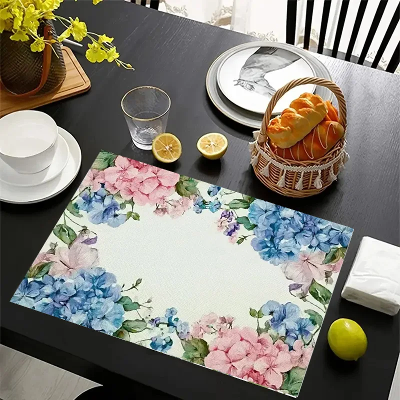 4/6/8Pcs Hydrangea Rose Placemats Washable Linen Table Mat for Farmhouse Kitchen Dining Table Everyday Use Home Decor Items