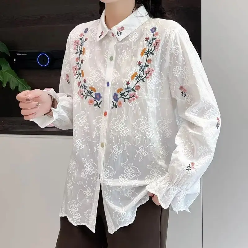 Vintage Flower Embroidery Shirts For Women Japanese Mori Girl Autumn Cotton Long Sleeve Kawaii Blouse Boho Clothing