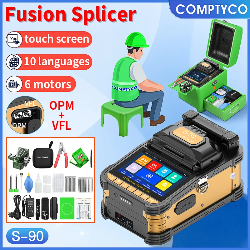 COMPTYCO 6 Motor S-90 Fully Automatic Fiber Fusion Splicer 10 Languages Touch Screen Fiber Optic Fusion Machine Built-in VFL OPM