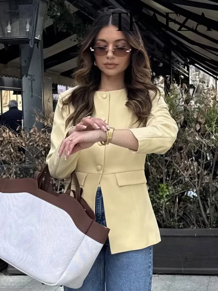 

TRAFZA Women's Fashion Simple Crew Neck Single-breasted Long Sleeve Slim Coat Female Temperament Fake Pocket Decoration Jackets