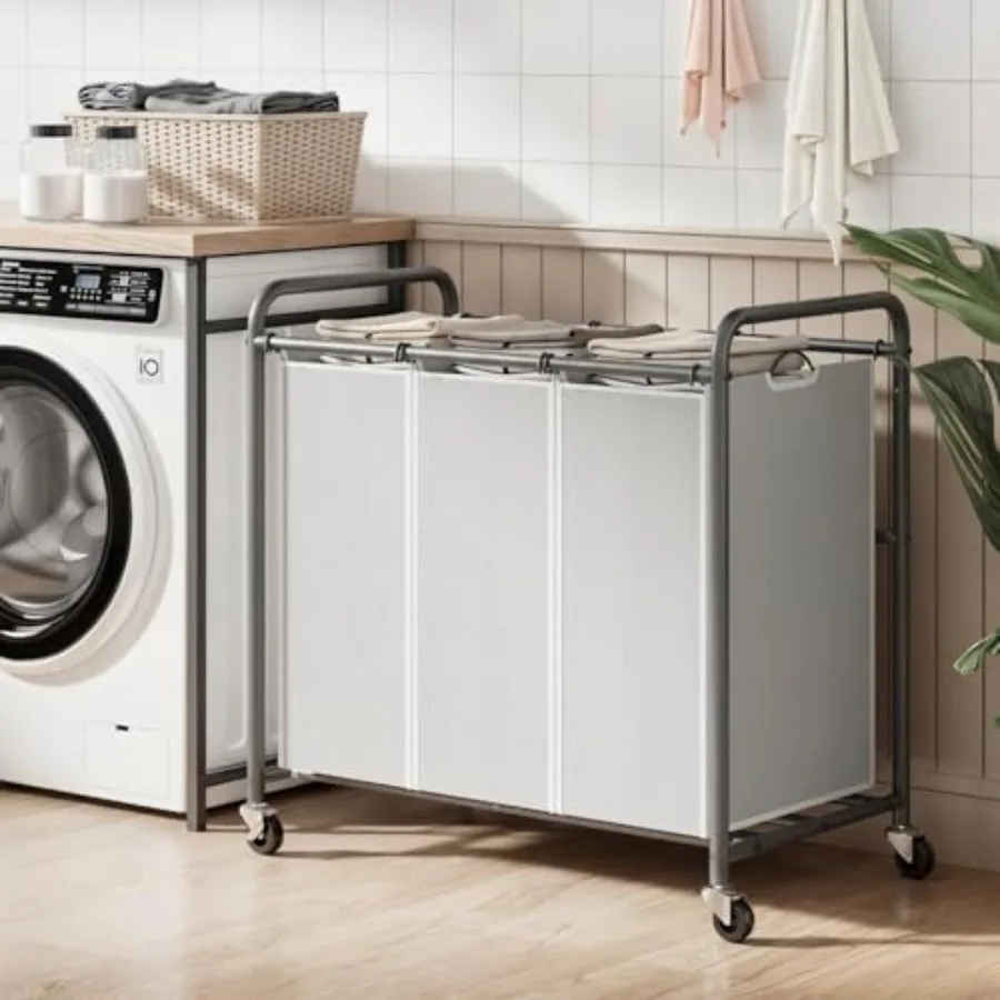 

Корзина для сортировки белья с 3 секциями, органайзер для стирки с прочными блокирующимися колесами и съемными мешками, на колесиках
