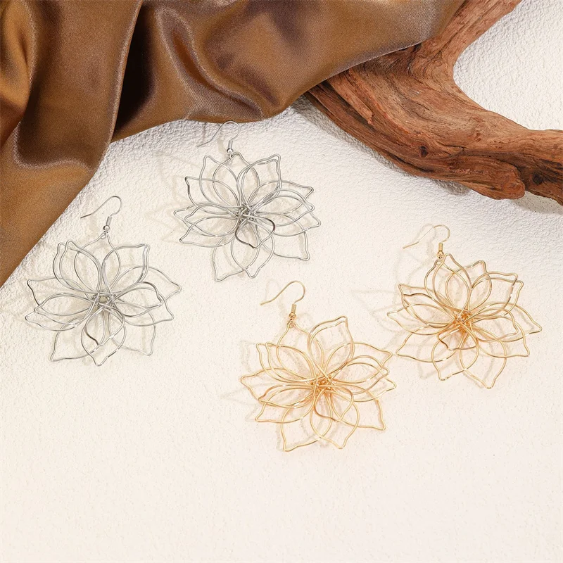 XIALUOKE European American Style Metal Cutout Flower Dangle Earrings For Women Exaggerated Ear Hook Earrings Party Jewelry Gift