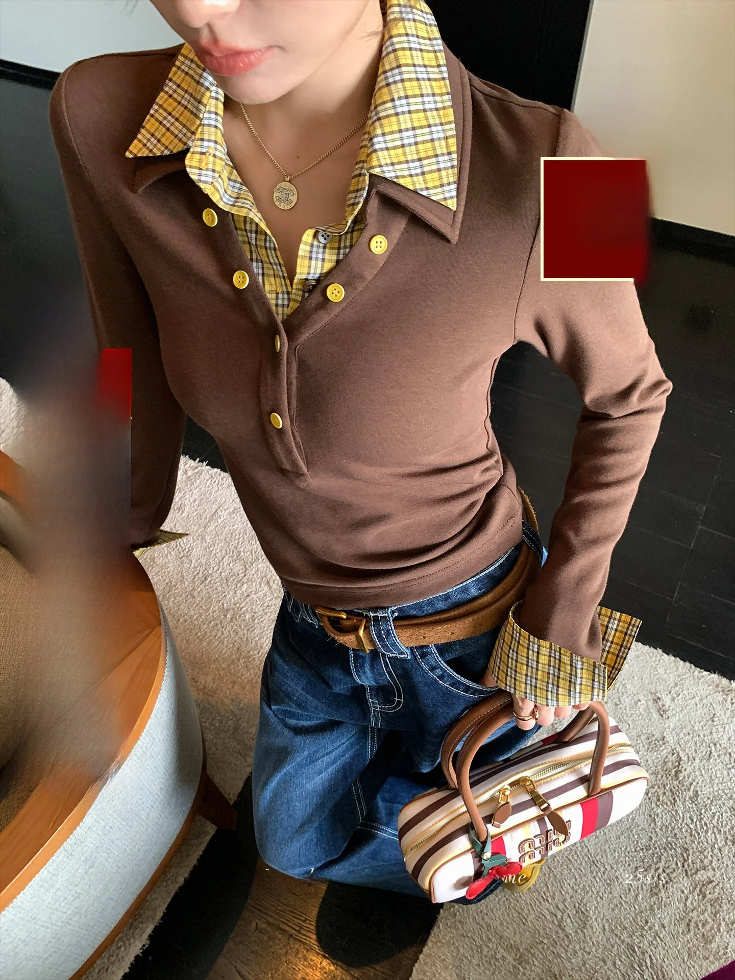 

Винтажная женская футболка LIONE с длинным рукавом, желтая, с кофейными вставками, в стиле студенческой жизни, модный топ