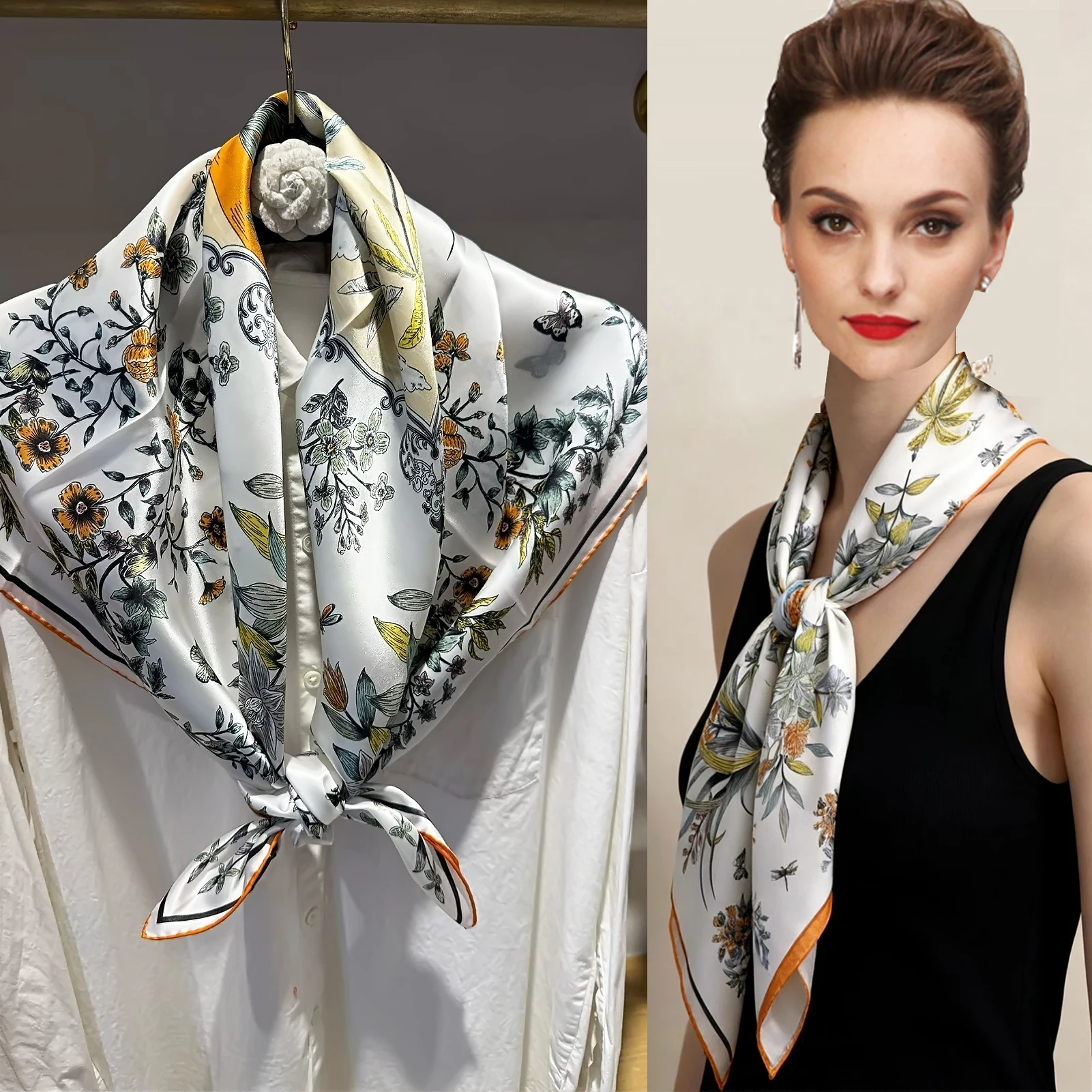 

Spring 100% Mulberry Silk Scarf Shawl Printed Elegant Women Brand Silk Muffler Headscarf Orange Blue Floral Large Cape Kerchiefs