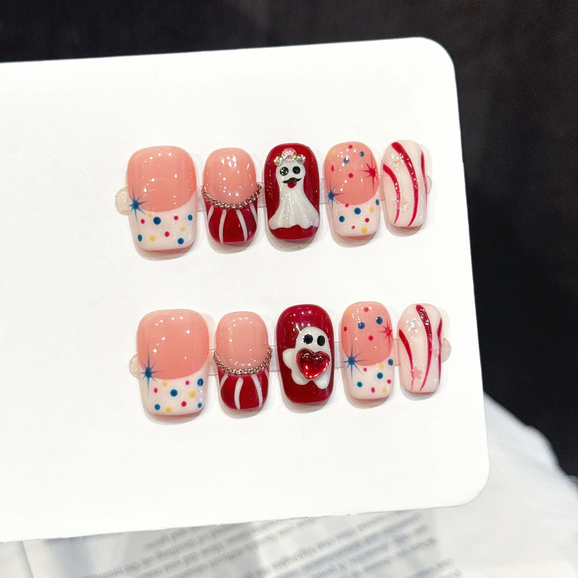 10Pcs Medium Square Nail Art, Halloween Ghost Nails, Contrast Color Stripes Playful Handmade False Nails, Suitable For Women