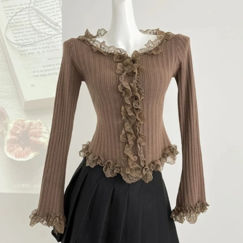 Suéter con volantes para mujer, manga larga, corte entallado, Top de punto acanalado, jersey para mujer, coqueta Fairycore Y2K Gyaru Shoujo, traje para niña