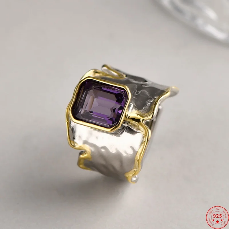 S925 Sterling Silver Charms Rings for Women New Fashion Contrast Colored Irregular Pleated Texture  Amethyst Punk Jewelry