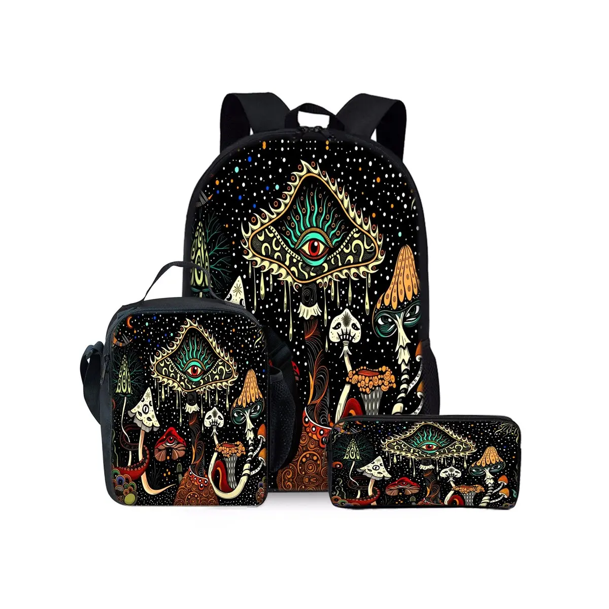Bohemian Mushroom Print Three Piece Backpacks Set for Boy and Girls Best Gifts 2D Flat Cartoon School Bag for Children